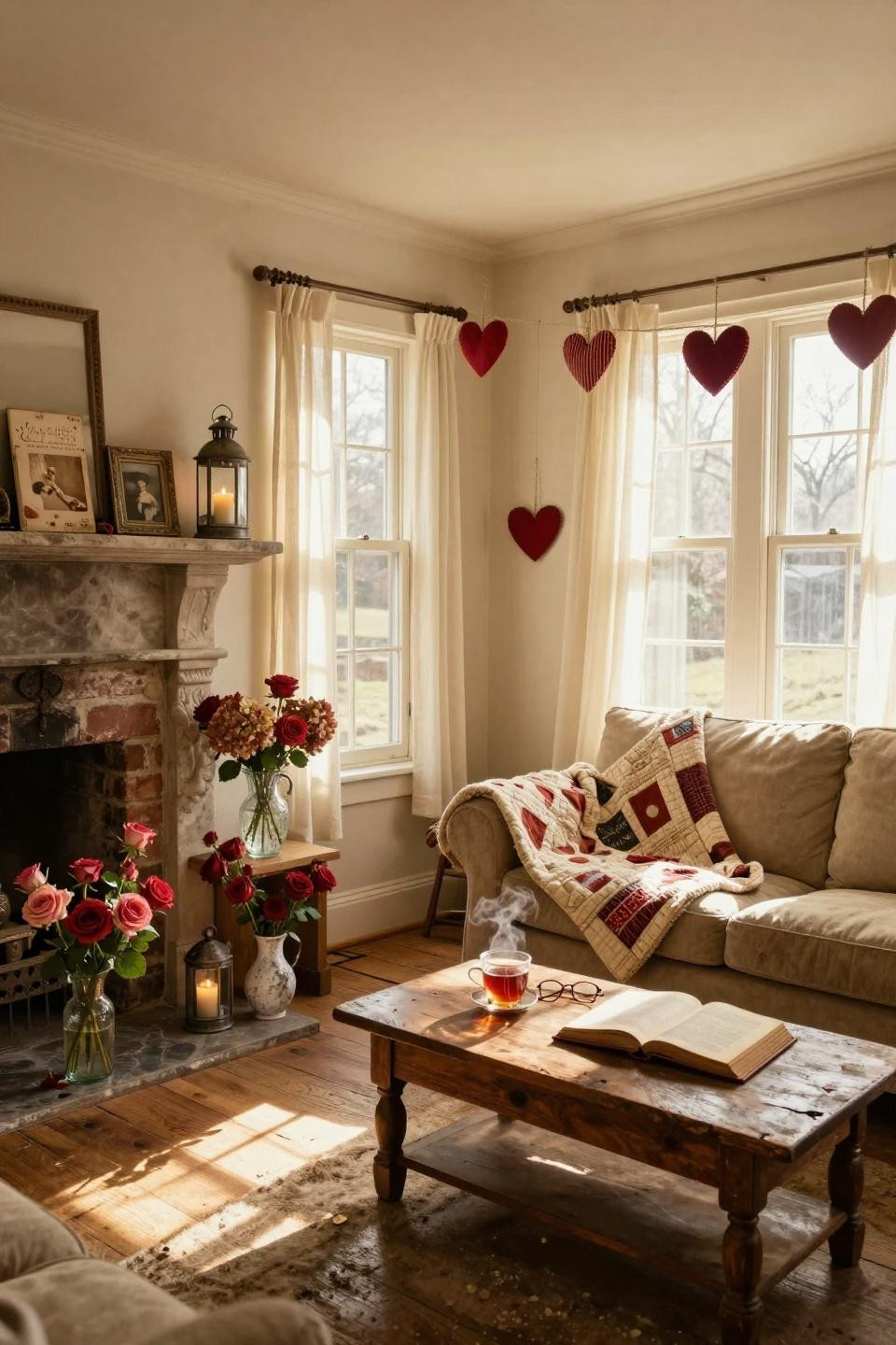 Vintage Valentines Decorations with antique quilt in living room