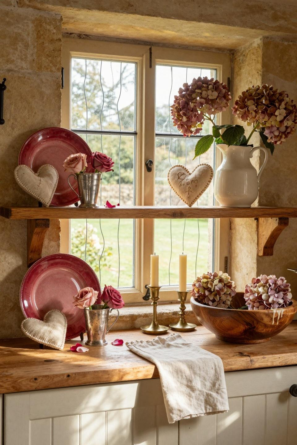 Vintage Valentines Decorations on open farmhouse shelves