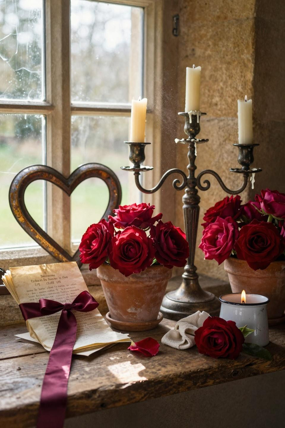 Vintage Valentines Decorations with hand-forged iron candelabra