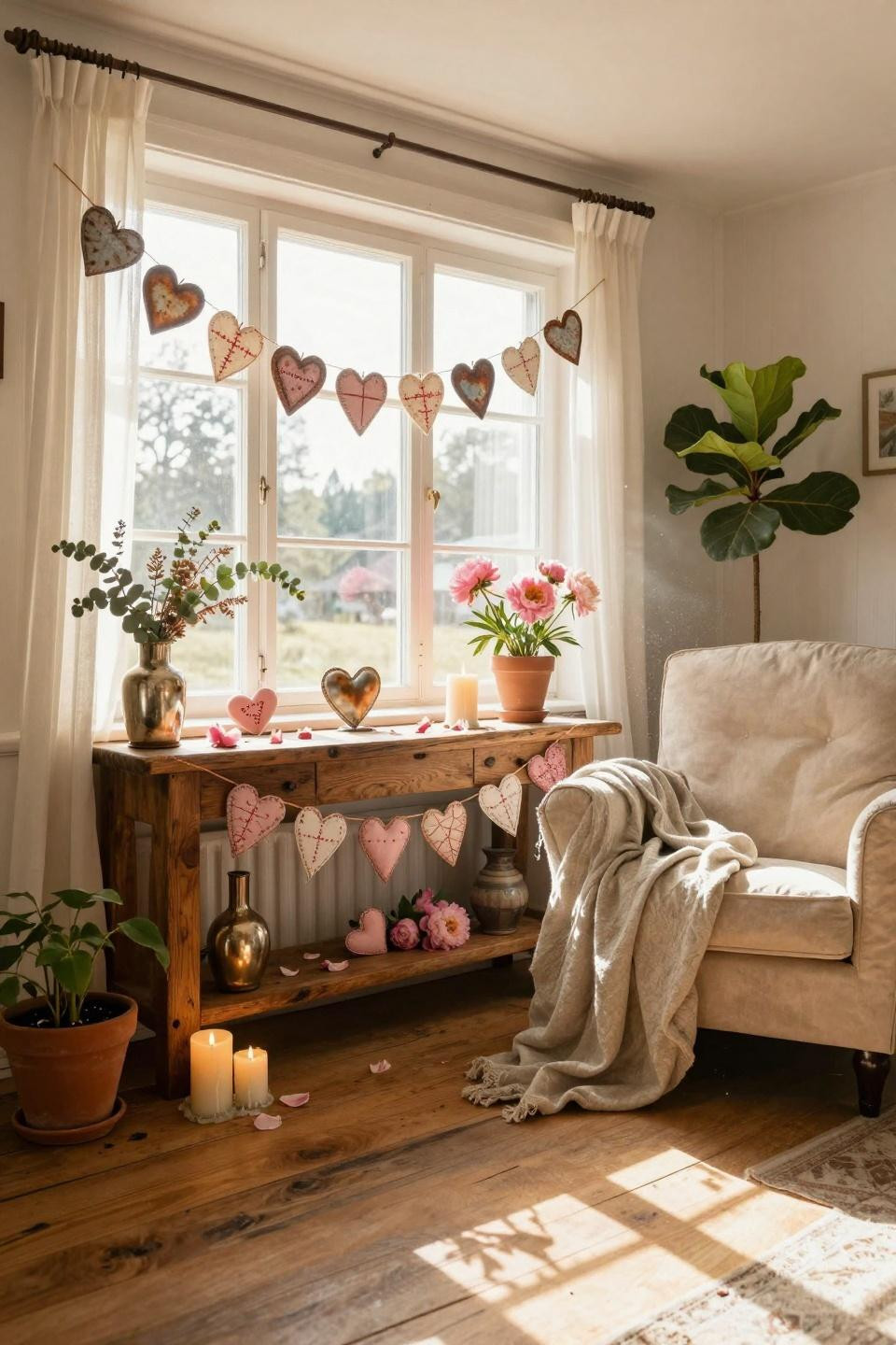 Vintage Valentines Decorations in bright Scandinavian farmhouse