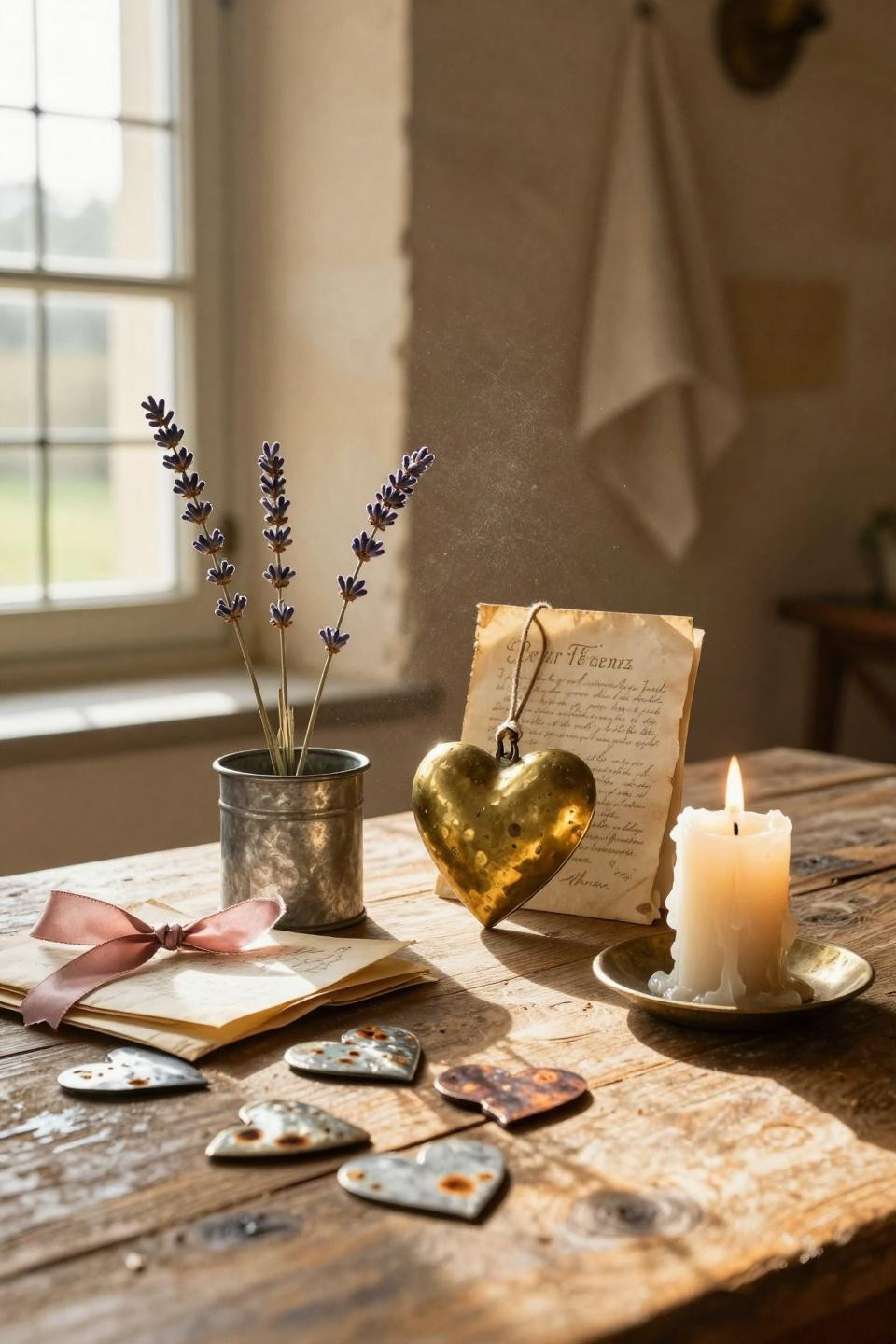 Vintage Valentines Decorations with brass hearts and primitive crafts