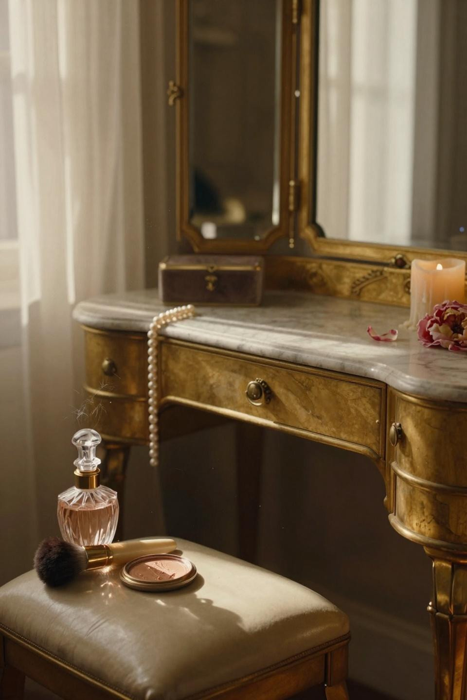 vintage vanity - 1920s French Art Deco gilt bronze vanity with beveled tri-fold mirrors