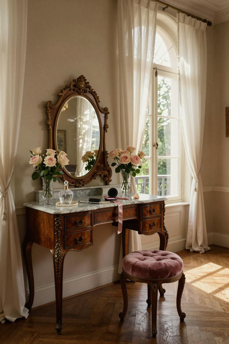 vintage vanity - 1880s mahogany vanity with beveled oval mirror and Carrara marble