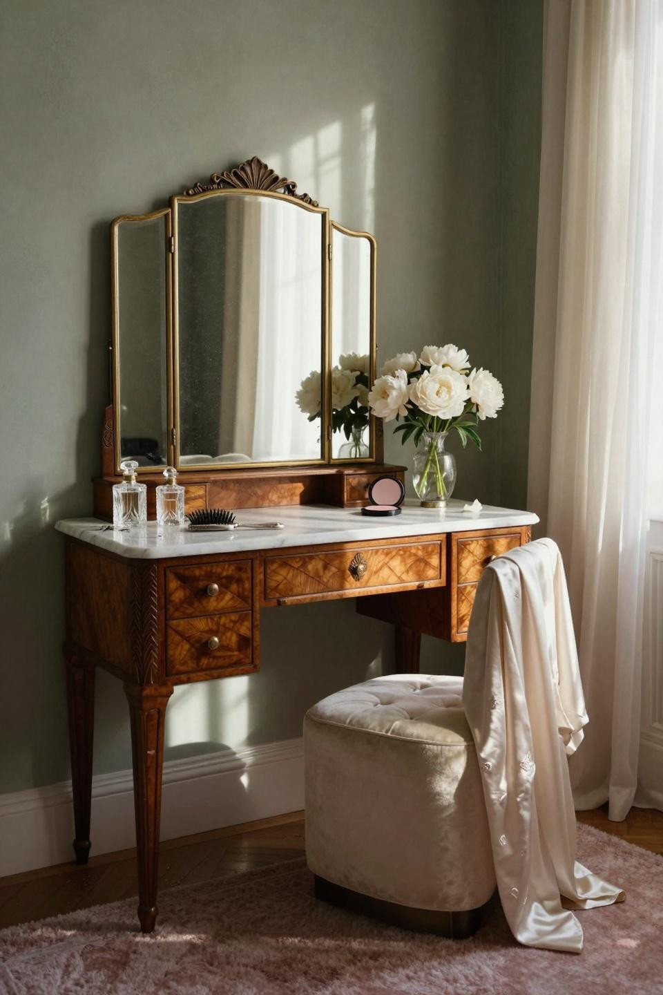 vintage vanity - 1920s carved walnut vanity with tri-fold beveled mirror