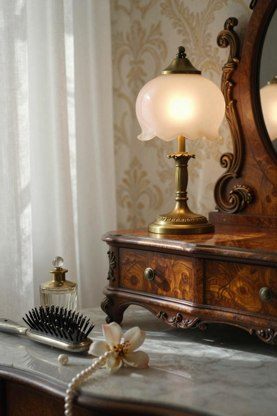 vintage vanity - Art Nouveau brass lamp on burled walnut vanity