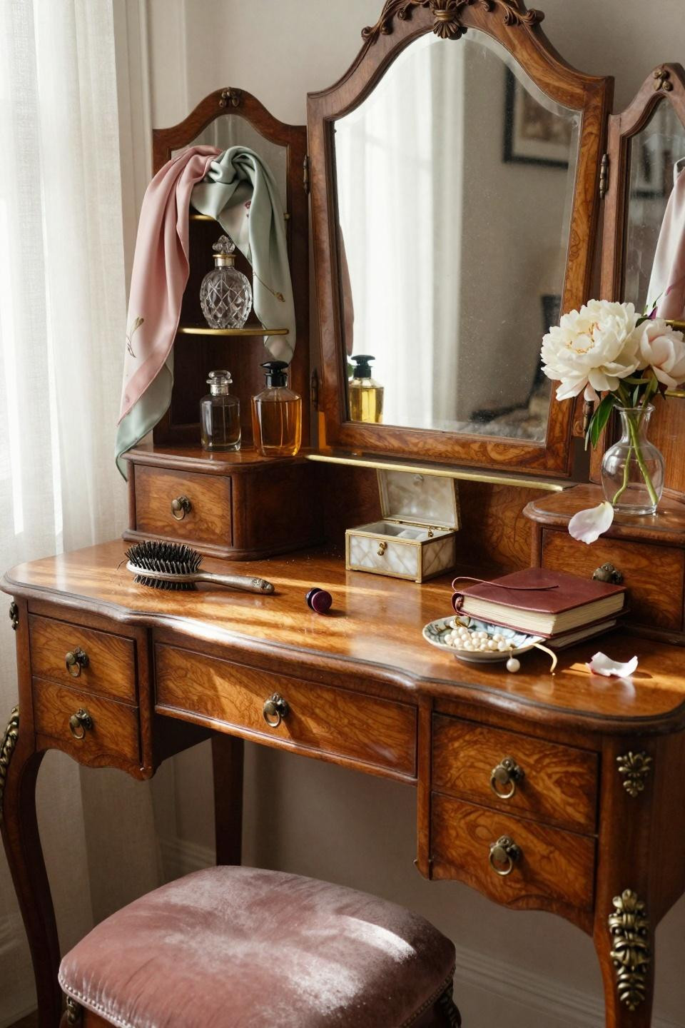 vintage vanity - 1920s walnut vanity with open brass shelving
