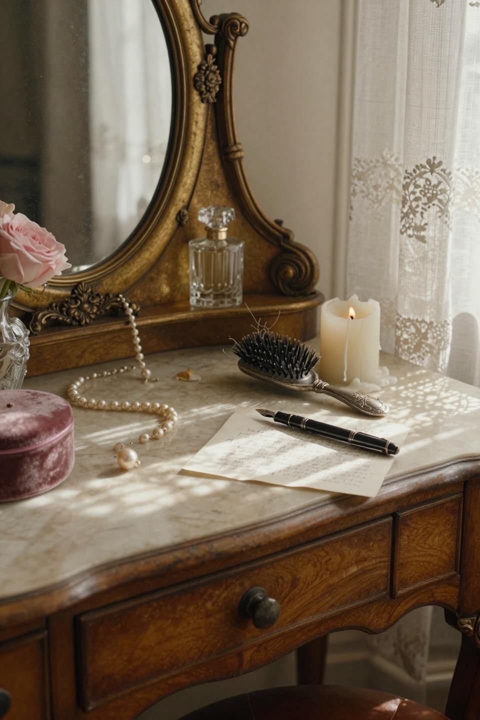 vintage vanity - closeup of brass mirror with pearls and crystal atomizer