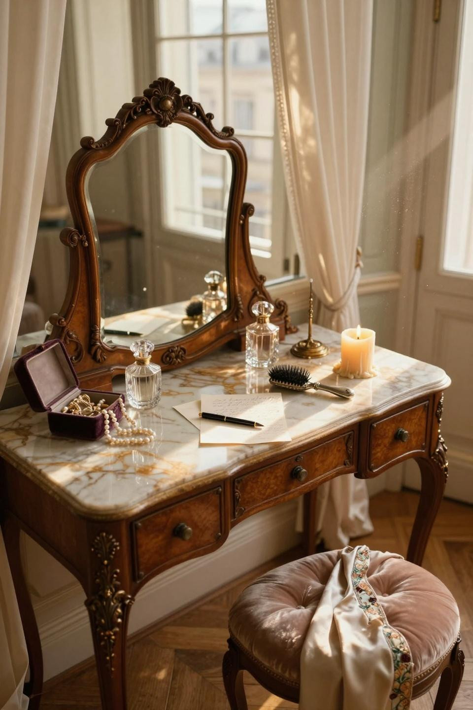 vintage vanity - ornate mahogany Victorian vanity with beveled mirror