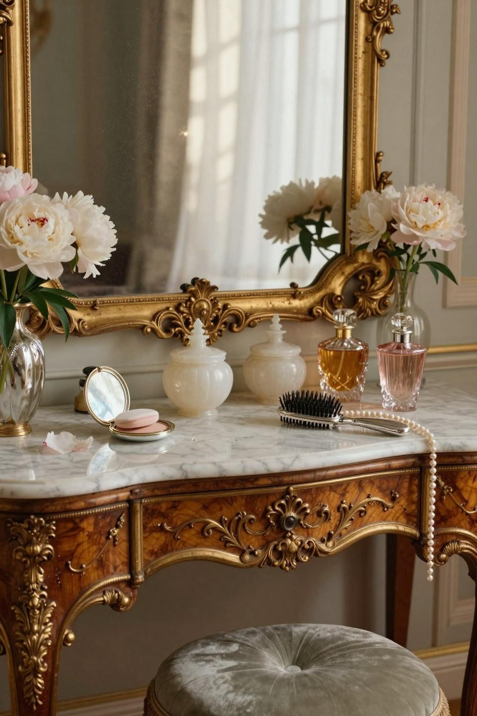 vintage vanity - French Rococo walnut vanity with gilded bronze ormolu and sage velvet