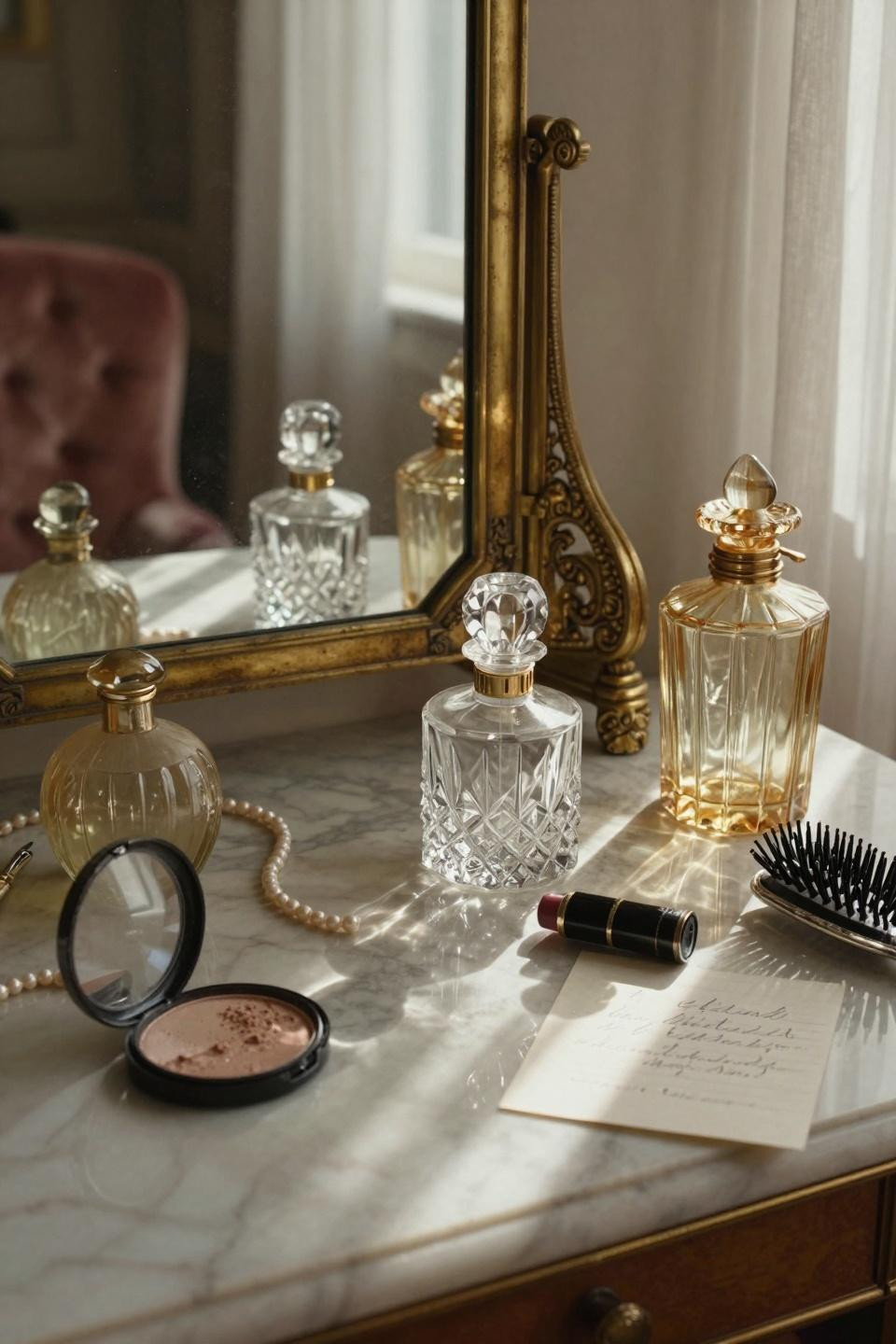 vintage vanity - 1920s Art Deco vanity with brass mirror and Lalique decanters