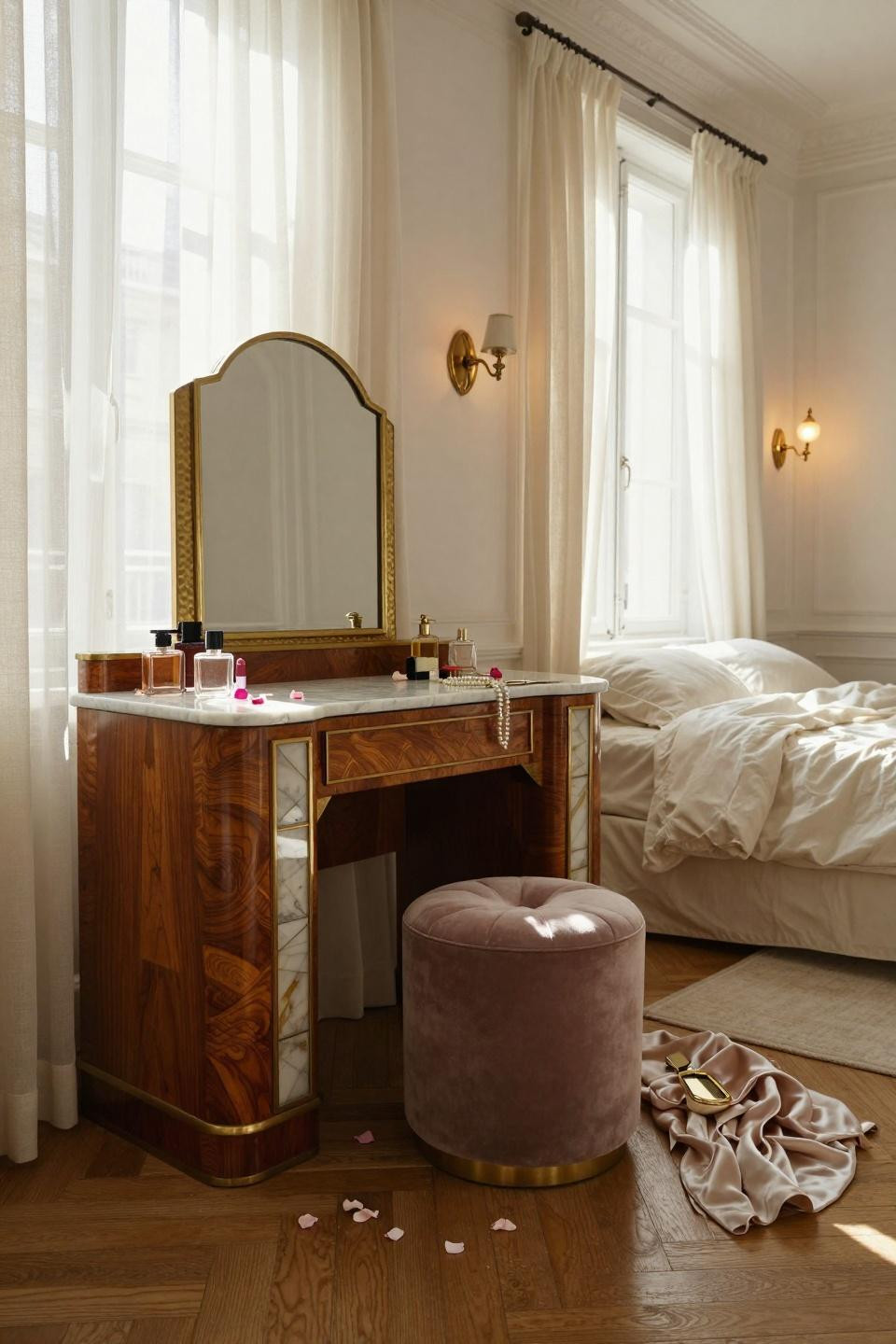 vintage vanity - 1920s Art Deco burled walnut vanity with hammered brass mirror