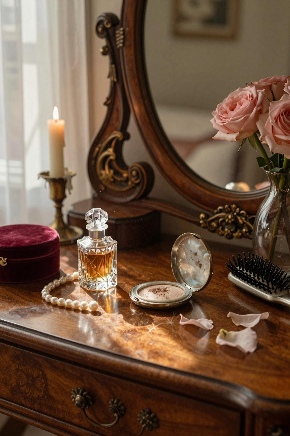 vintage vanity - Victorian mahogany vanity closeup with brass filigree and burgundy velvet