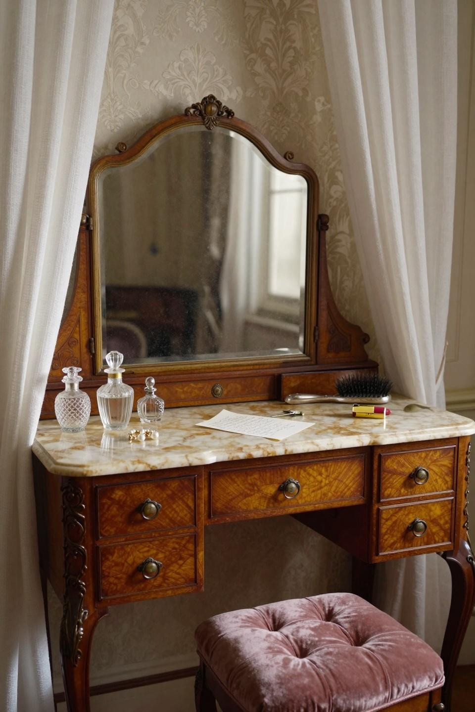 vintage vanity - Victorian mahogany vanity with tri-fold mirror and cream marble