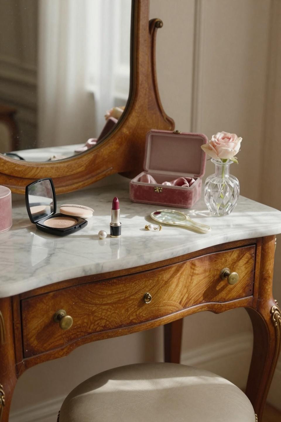 vintage vanity - 1940s French vanity in honey walnut with art deco brass pulls