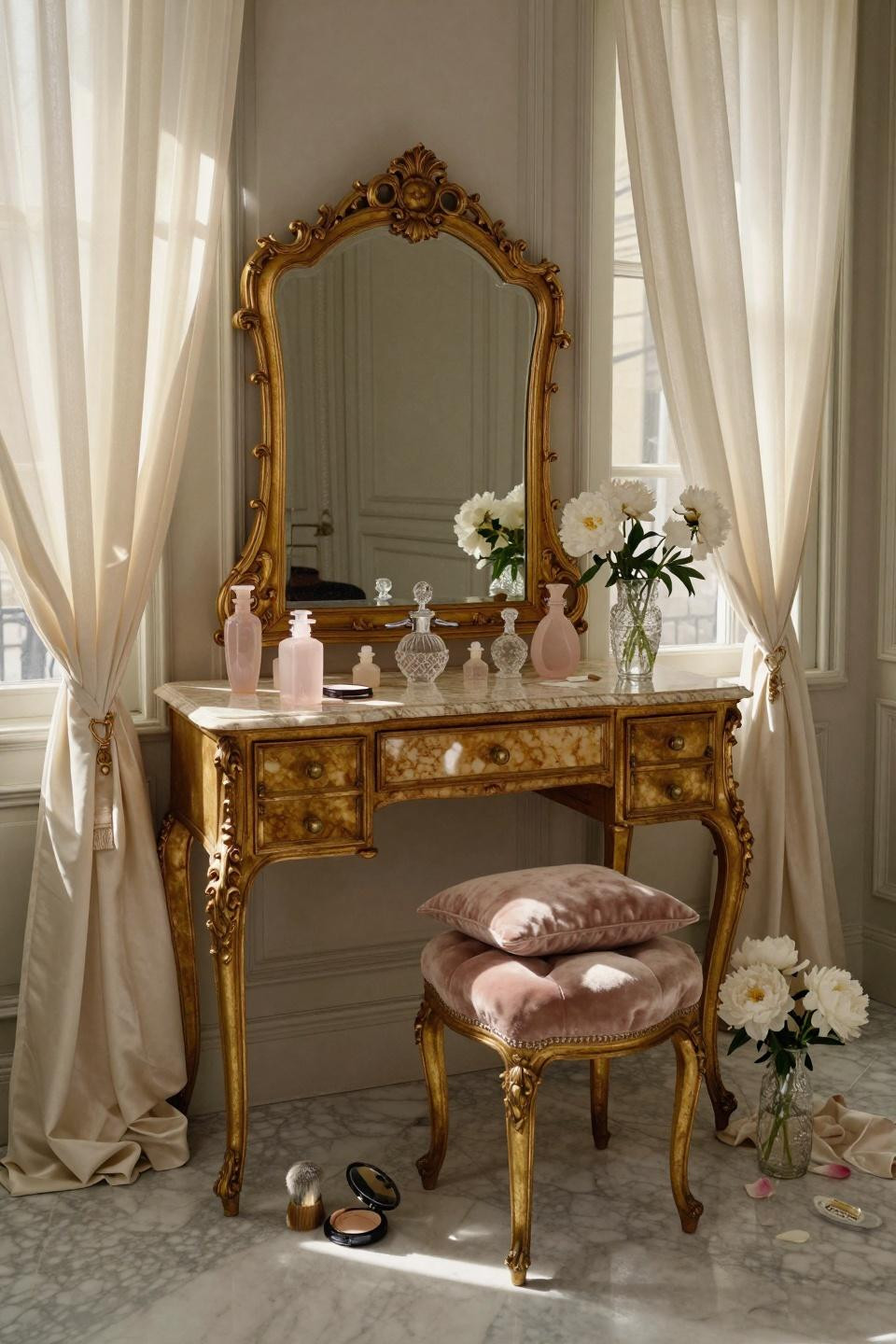 vintage vanity - 1920s French gilt bronze vanity with travertine marble top