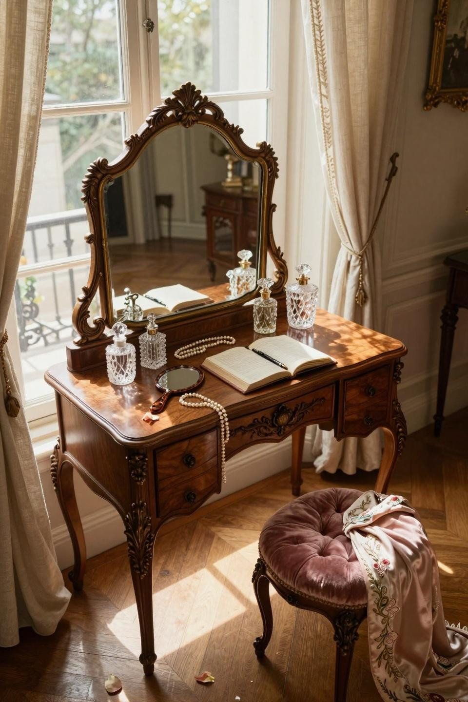 vintage vanity - 1890s walnut vanity with hand-carved acanthus leaves and tri-fold mirror
