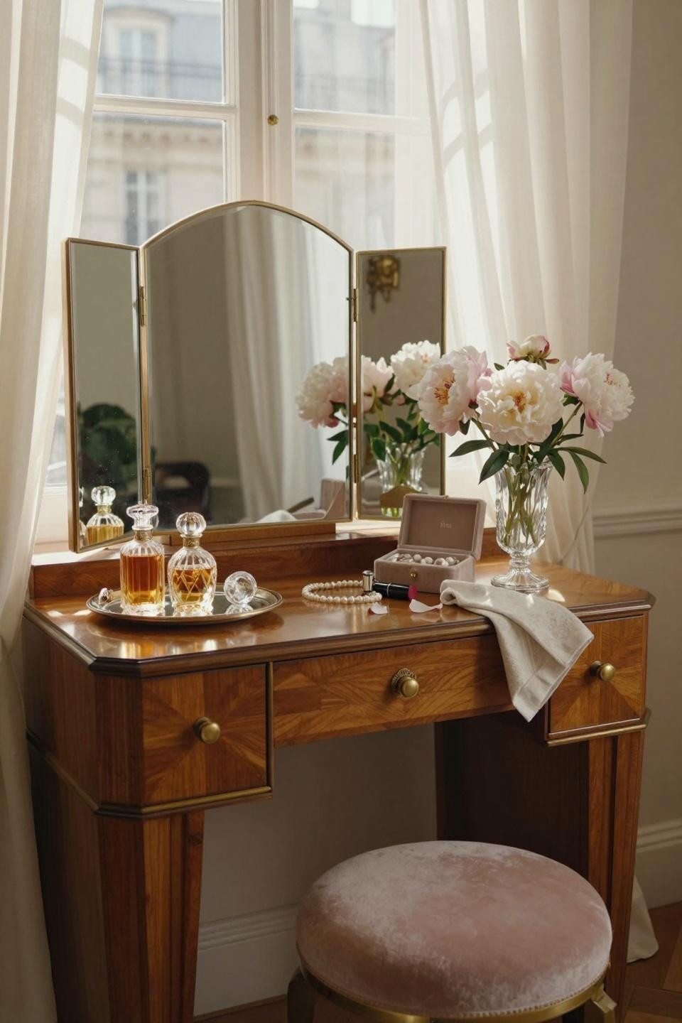 vintage vanity - 1920s Art Deco walnut vanity with geometric lines and brass hardware