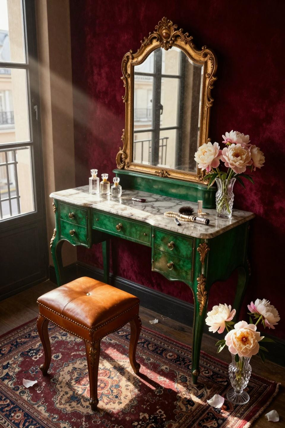 vintage vanity - Victorian vanity in deep emerald lacquer with gilt mirror
