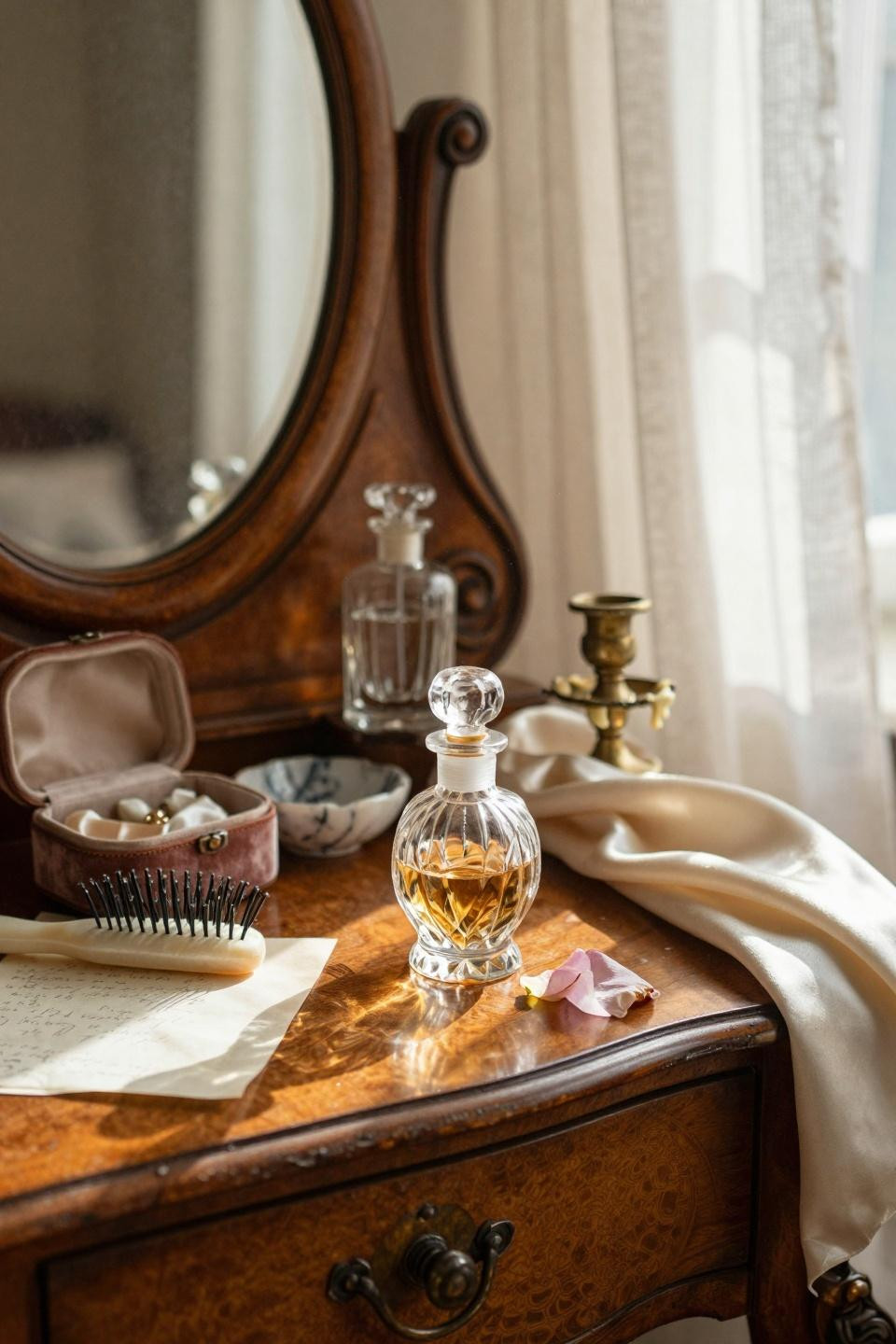 vintage vanity - hand-carved mahogany vanity makeover with brass pulls and oval mirror
