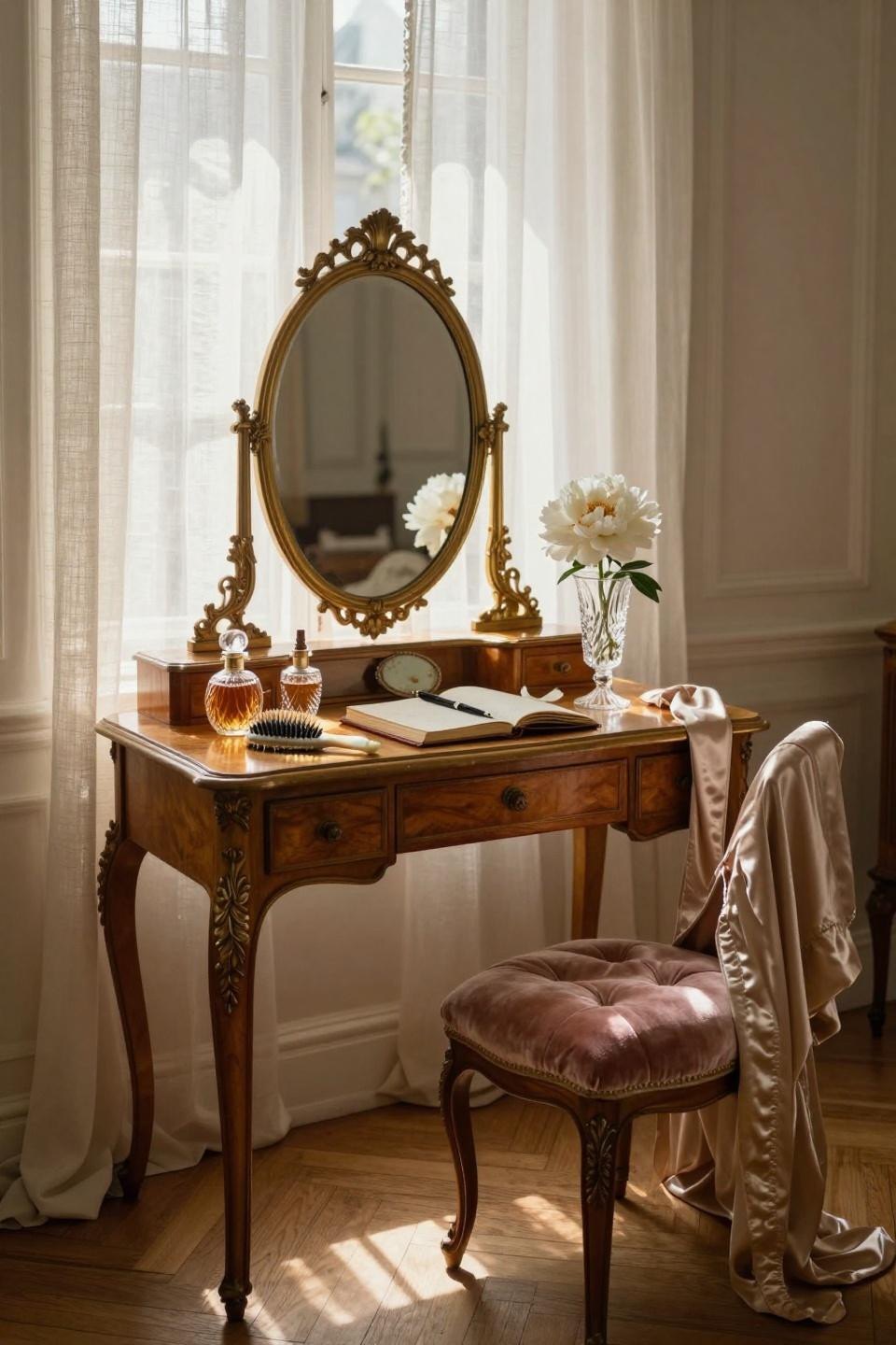vintage vanity - 1920s French vanity with cabriole legs and oval mirror