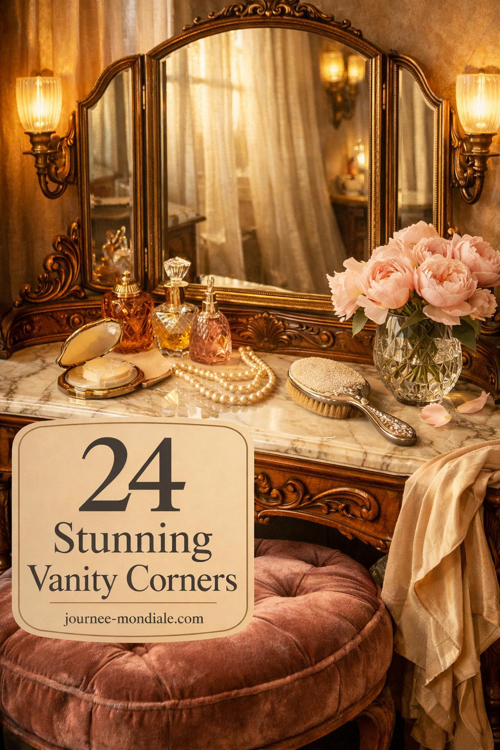 Antique wooden vanity table featuring ornate carved mirror, crystal perfume bottles, velvet stool, and soft romantic lighting