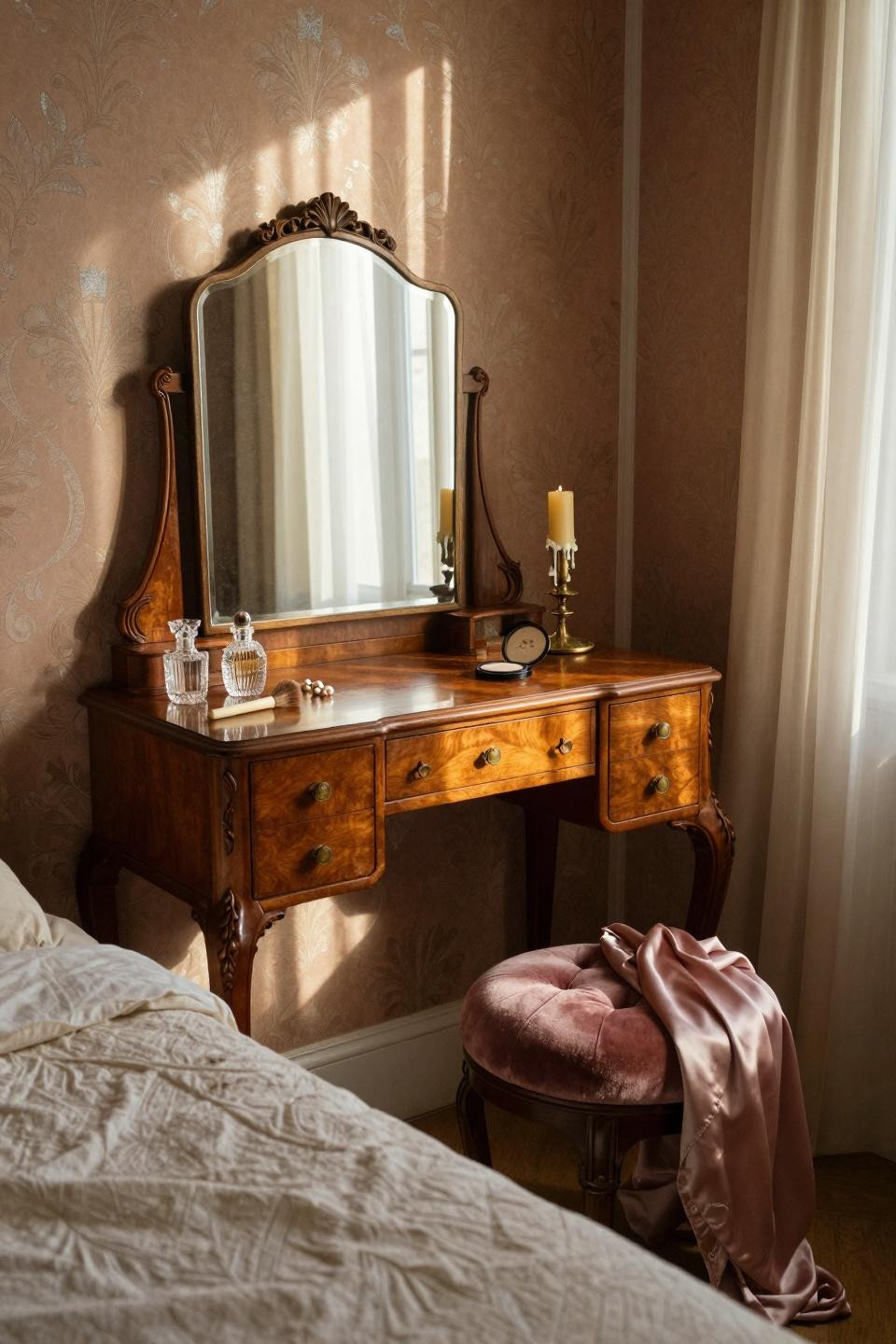 vintage vanity - 1920s walnut vanity with ornate carved legs and tri-fold mirror