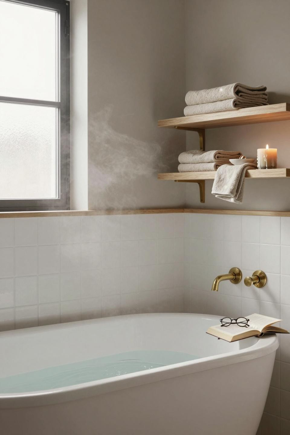 Wainscoting bathroom in modern loft with subway tile and freestanding tub