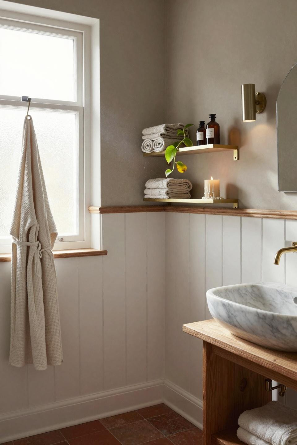 Wainscoting bathroom featuring board and batten with oak chair rail