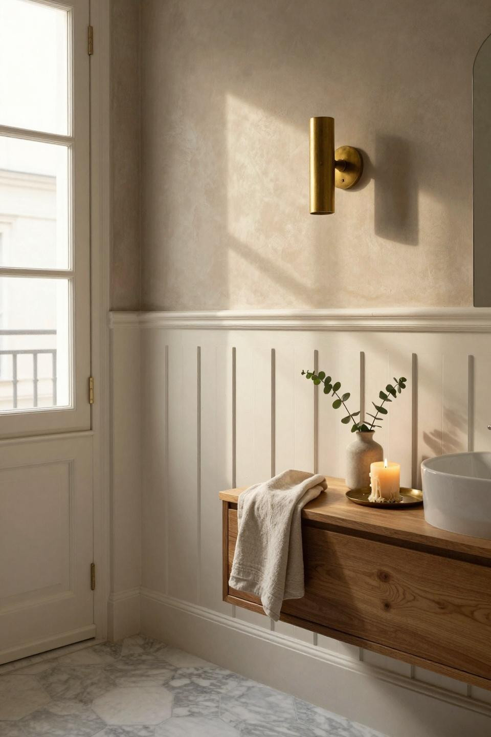 Wainscoting bathroom with board and batten wall and brass accents