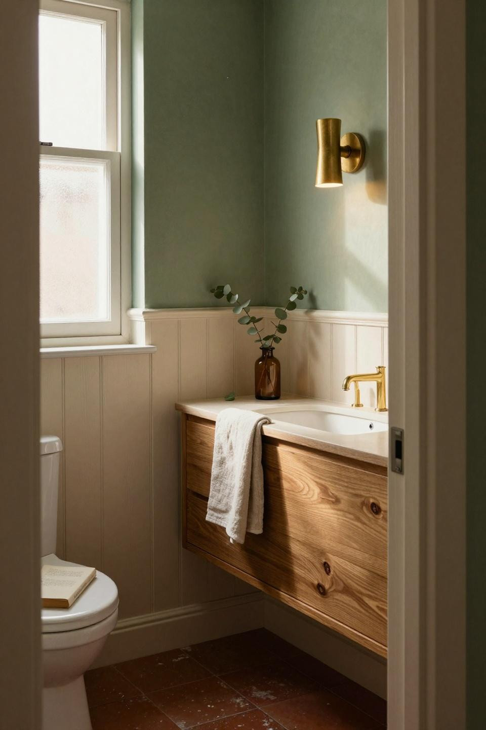 Wainscoting bathroom in small powder room with beadboard and sage walls