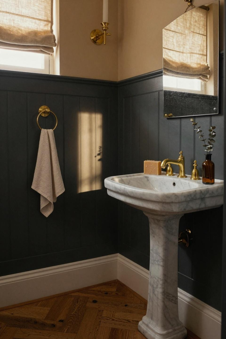 Wainscoting bathroom with deep charcoal board and batten paneling