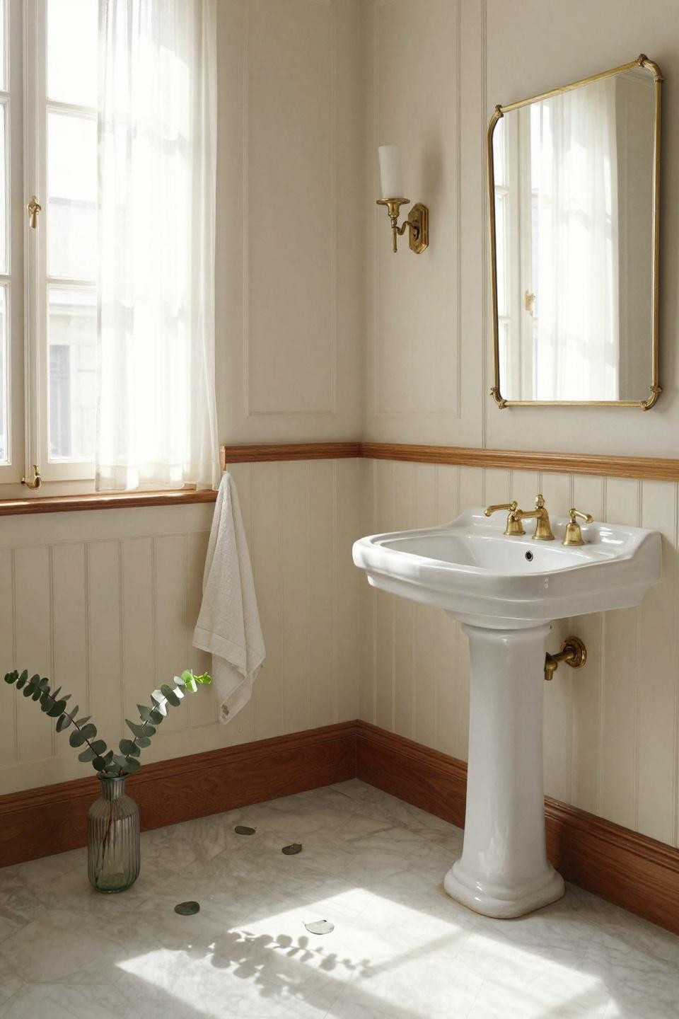 Wainscoting bathroom with cream board and batten in Parisian style