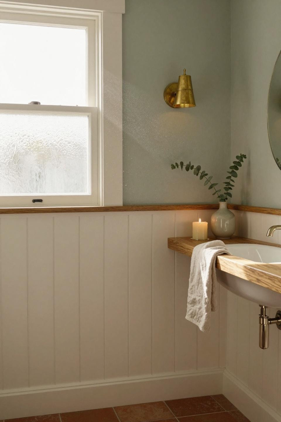 Wainscoting bathroom with white board and batten and sage green walls