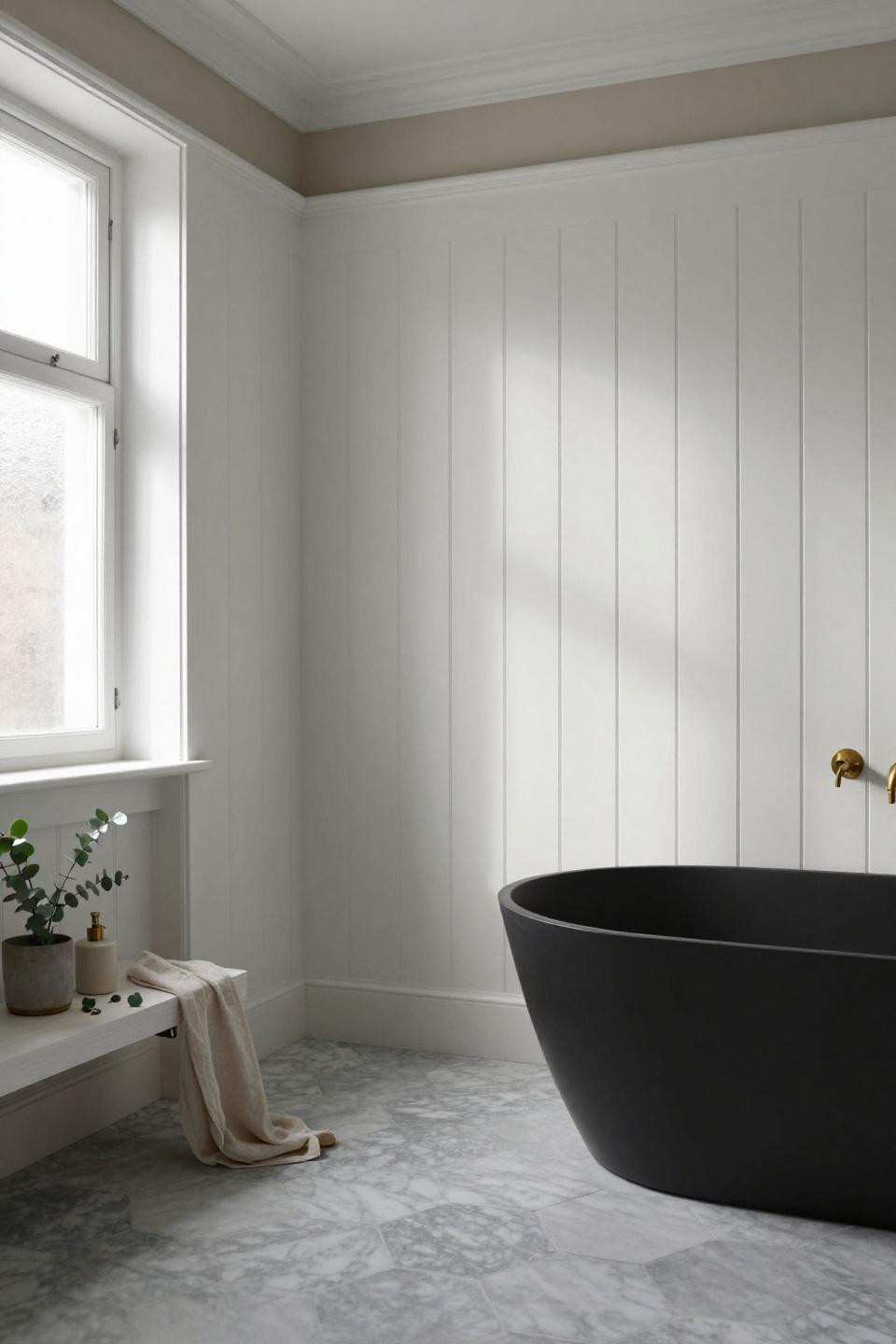Wainscoting bathroom with white board and batten and black freestanding tub