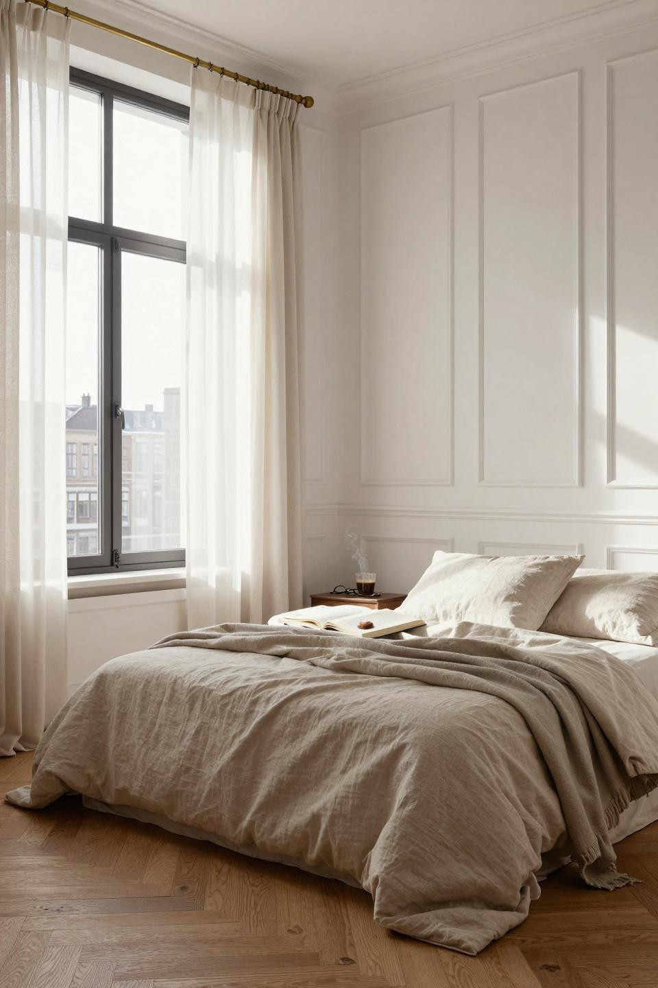 Wainscoting bedroom with white panels and industrial windows