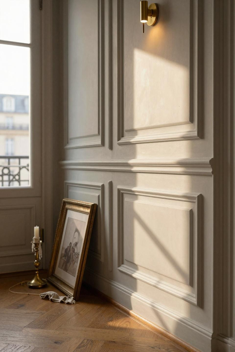 Wainscoting bedroom with ornate panels and metallic accents