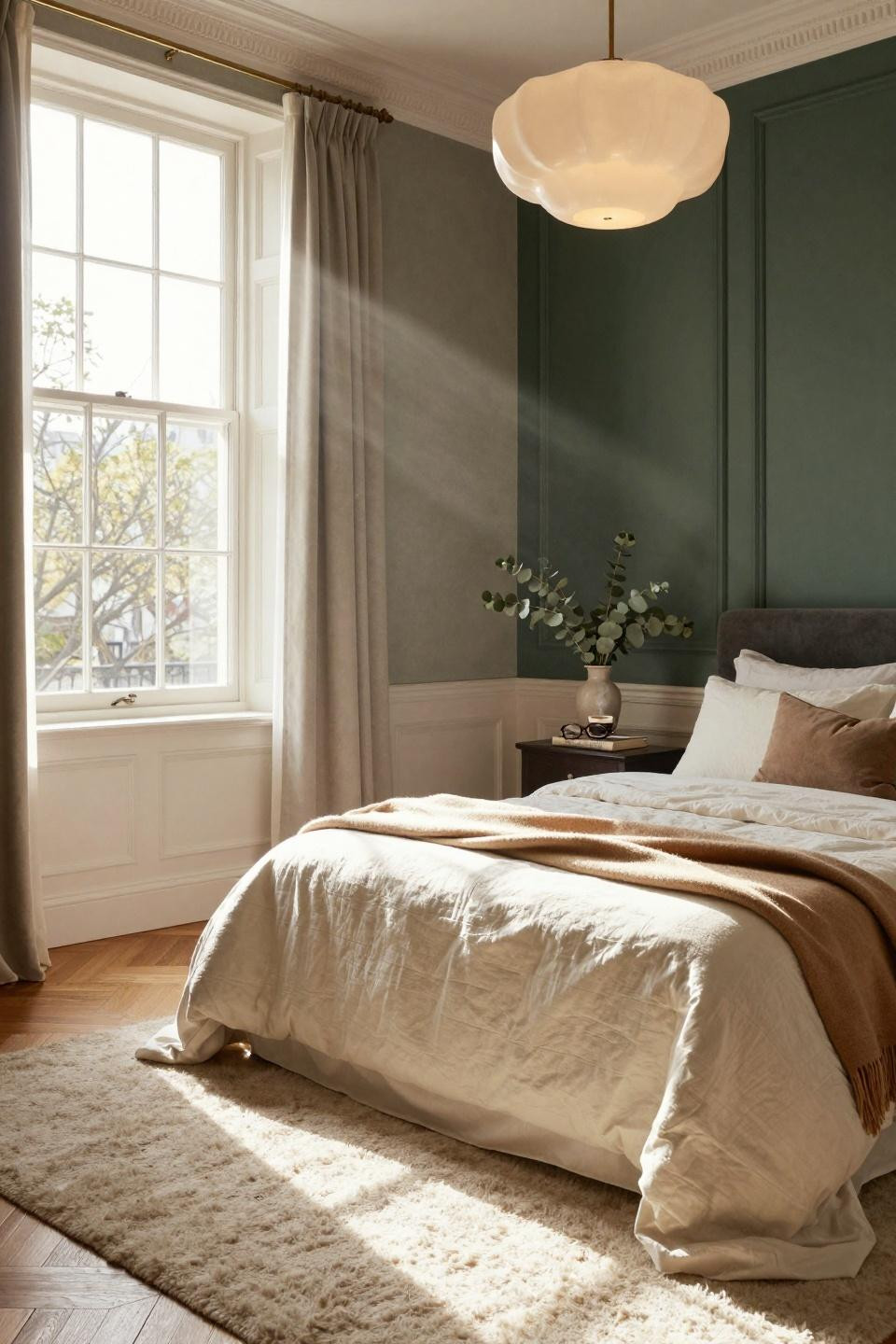 Wainscoting bedroom with deep green panels and statement lighting
