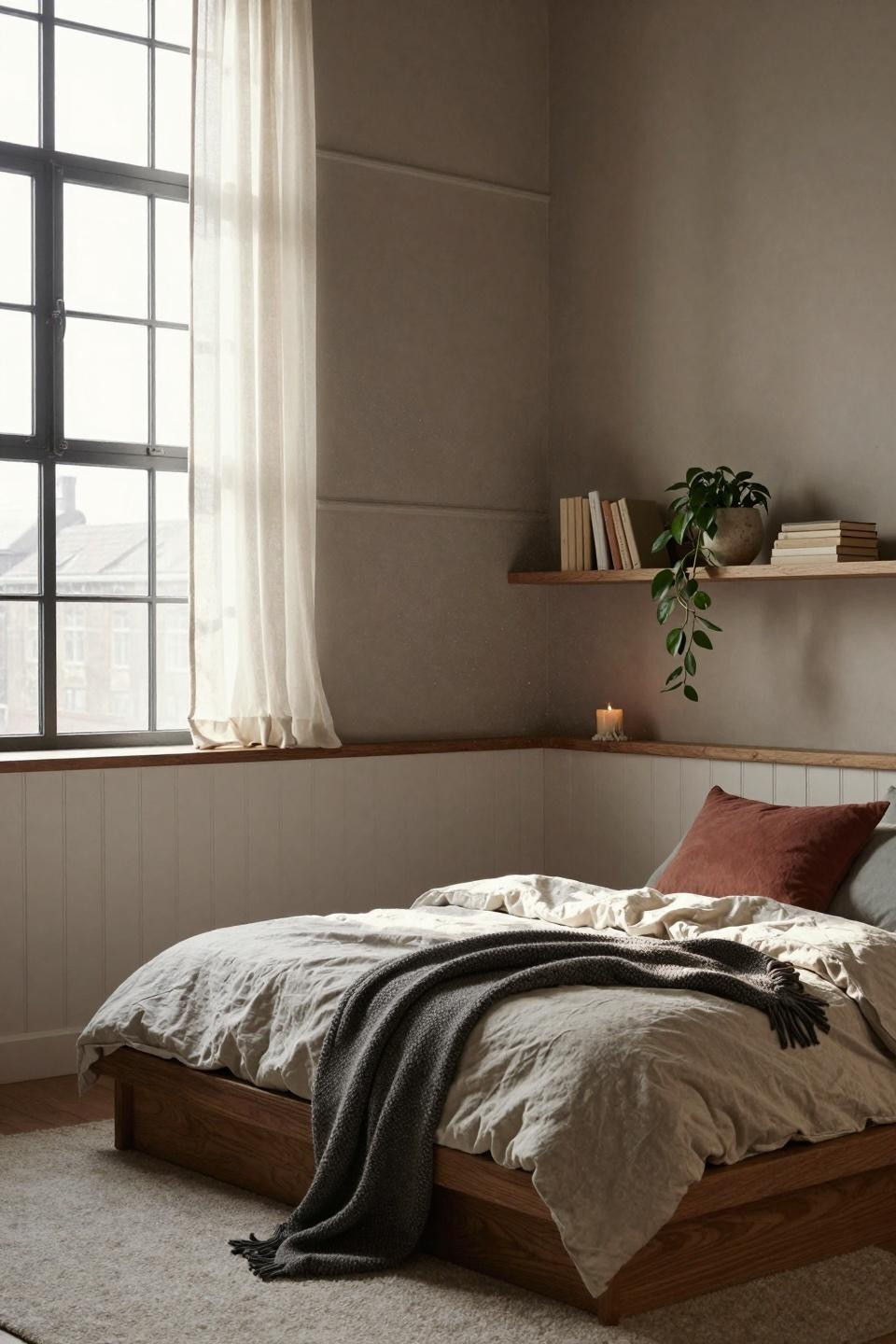 Wainscoting bedroom with board-and-batten and floating shelves
