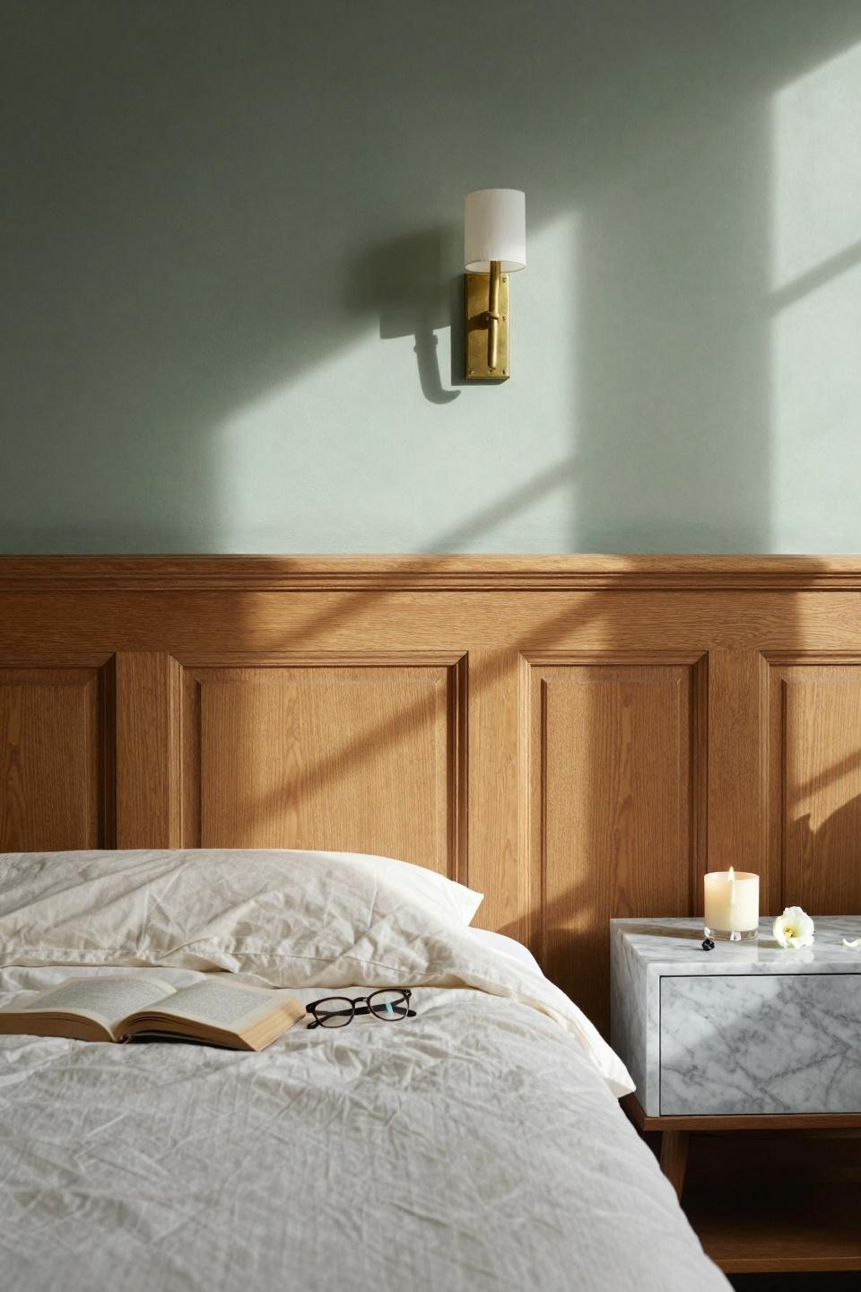 Wainscoting bedroom with dove gray panels and brass accents