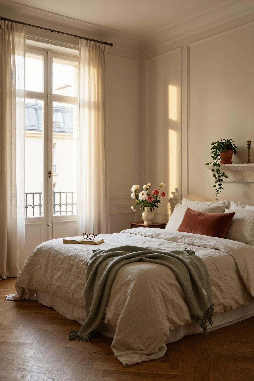 Wainscoting bedroom with ivory panels and walnut nightstand