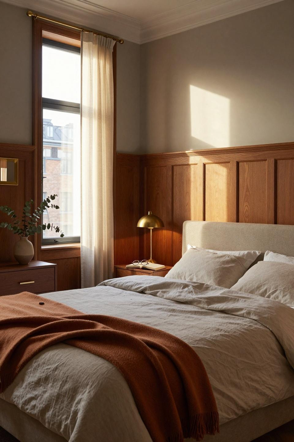 Wainscoting bedroom with sage green panels in Parisian apartment