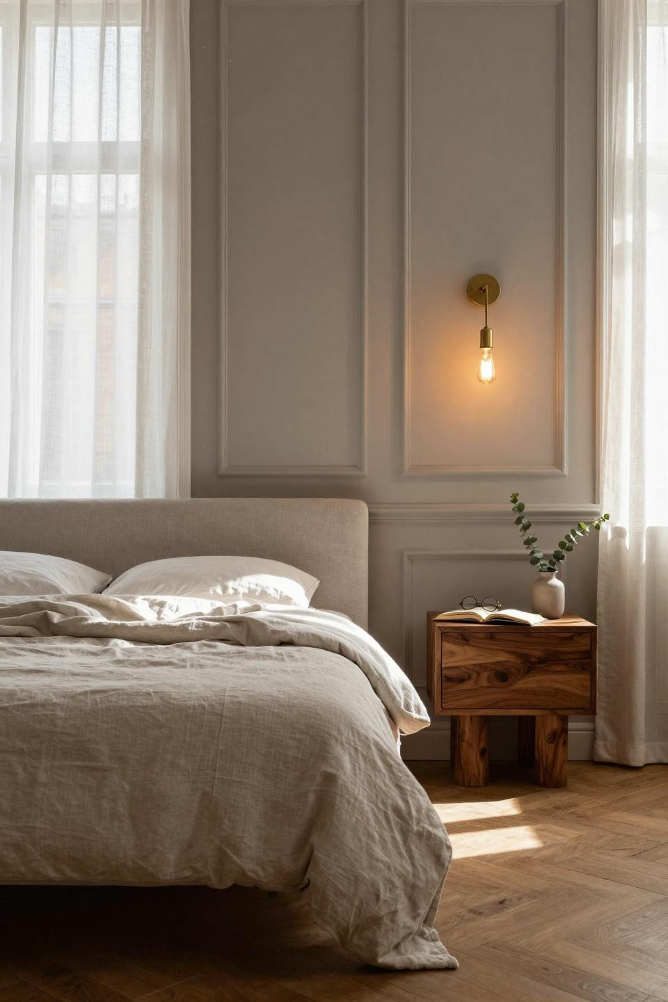 Wainscoting bedroom with greige panels and white chair rail molding