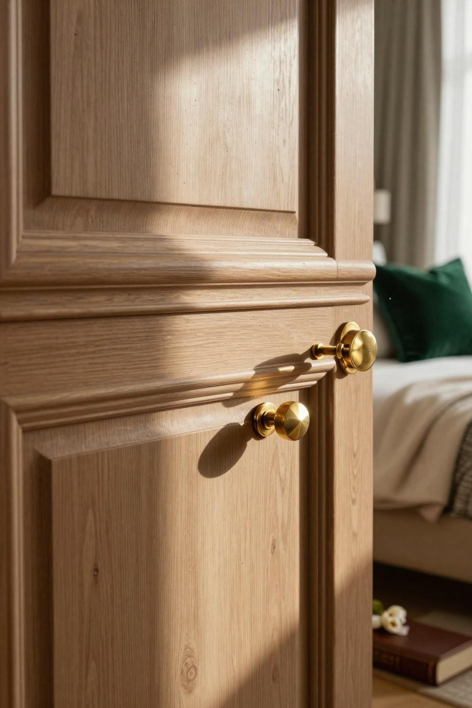 Wainscoting bedroom with fluted panels and brass hardware detail