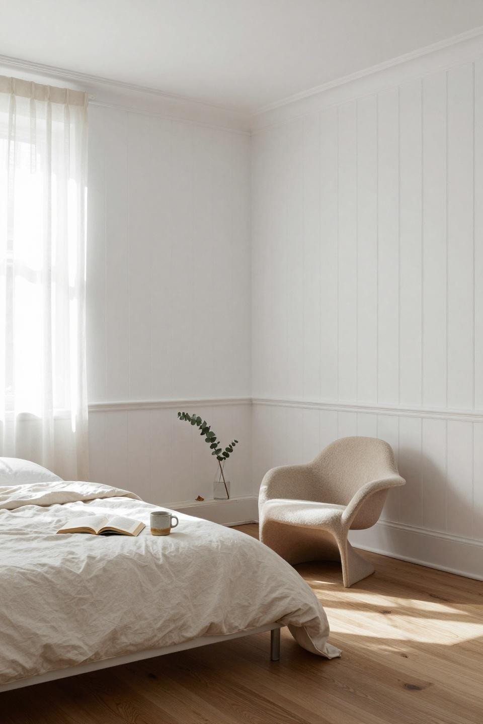 Wainscoting bedroom with white vertical panels and natural wood floor