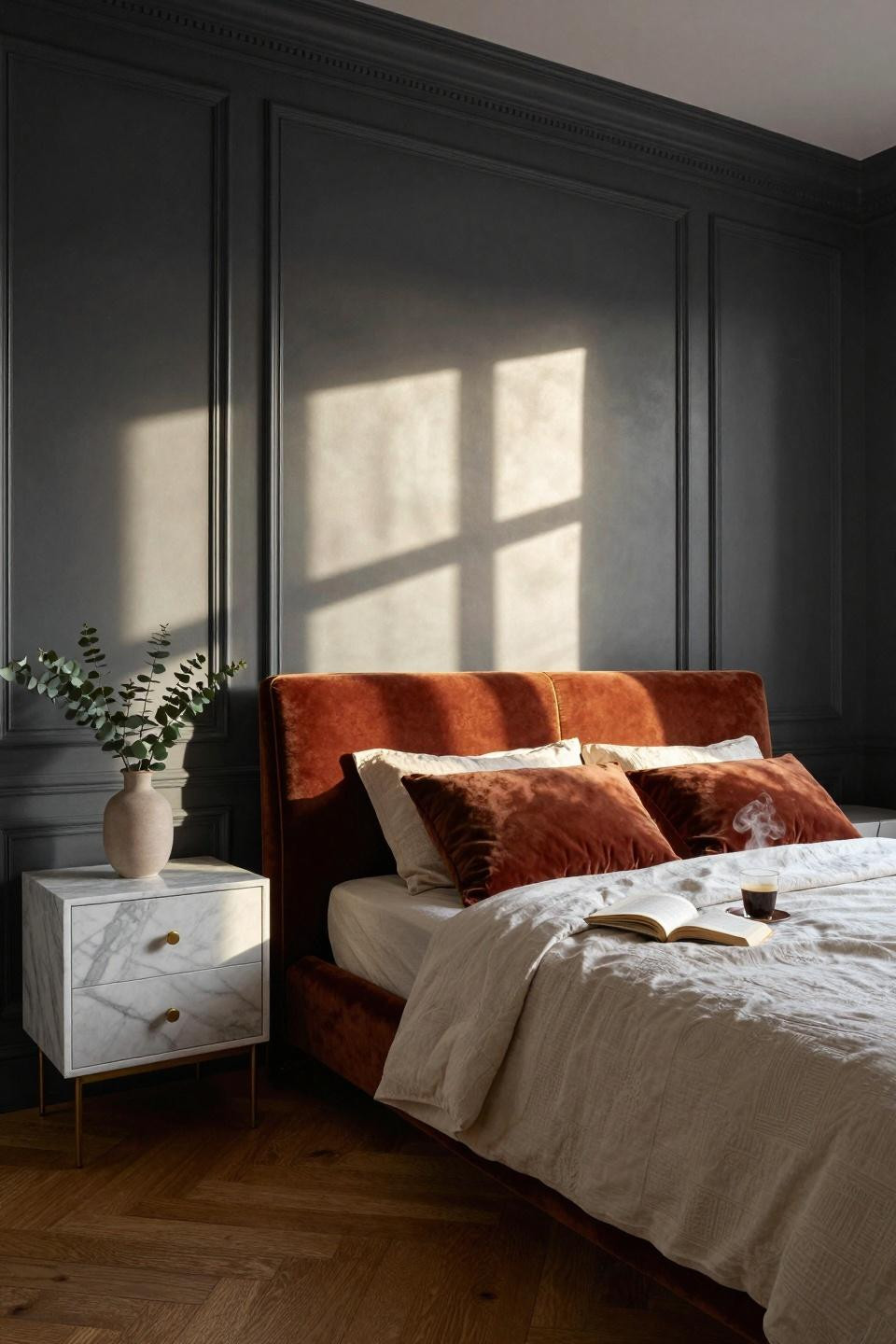 Wainscoting bedroom with charcoal panels and cognac velvet bed