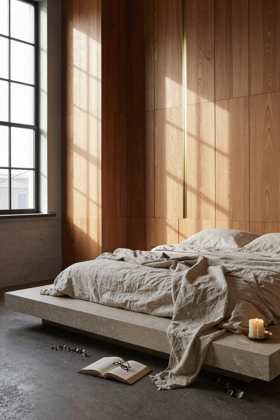 Wainscoting bedroom with vertical honey oak panels in warehouse loft