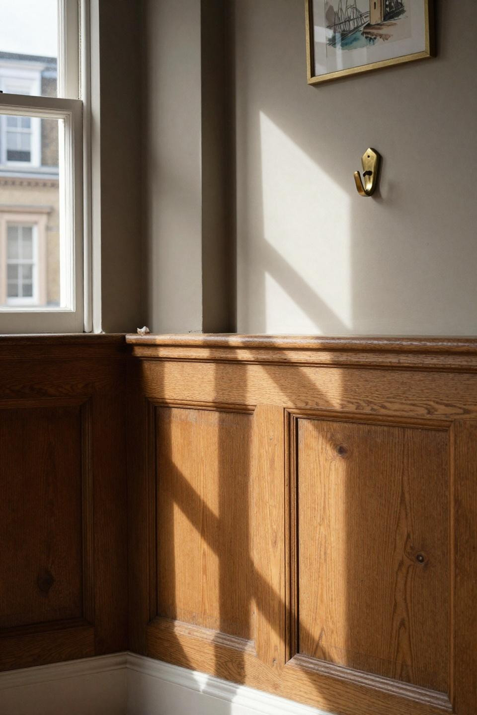 Wainscoting bedroom with honey oak panels and white chair rail