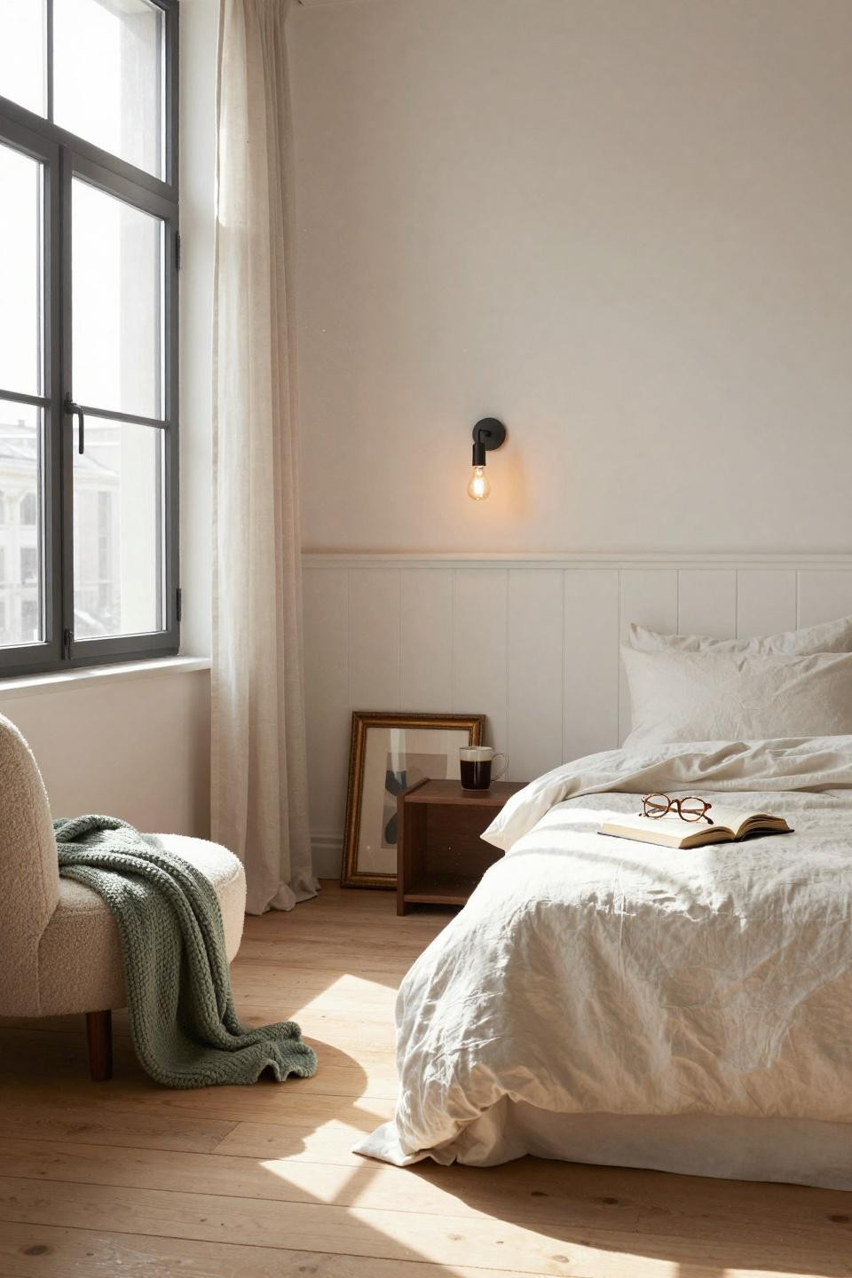 Wainscoting bedroom with horizontal panels in Scandinavian loft