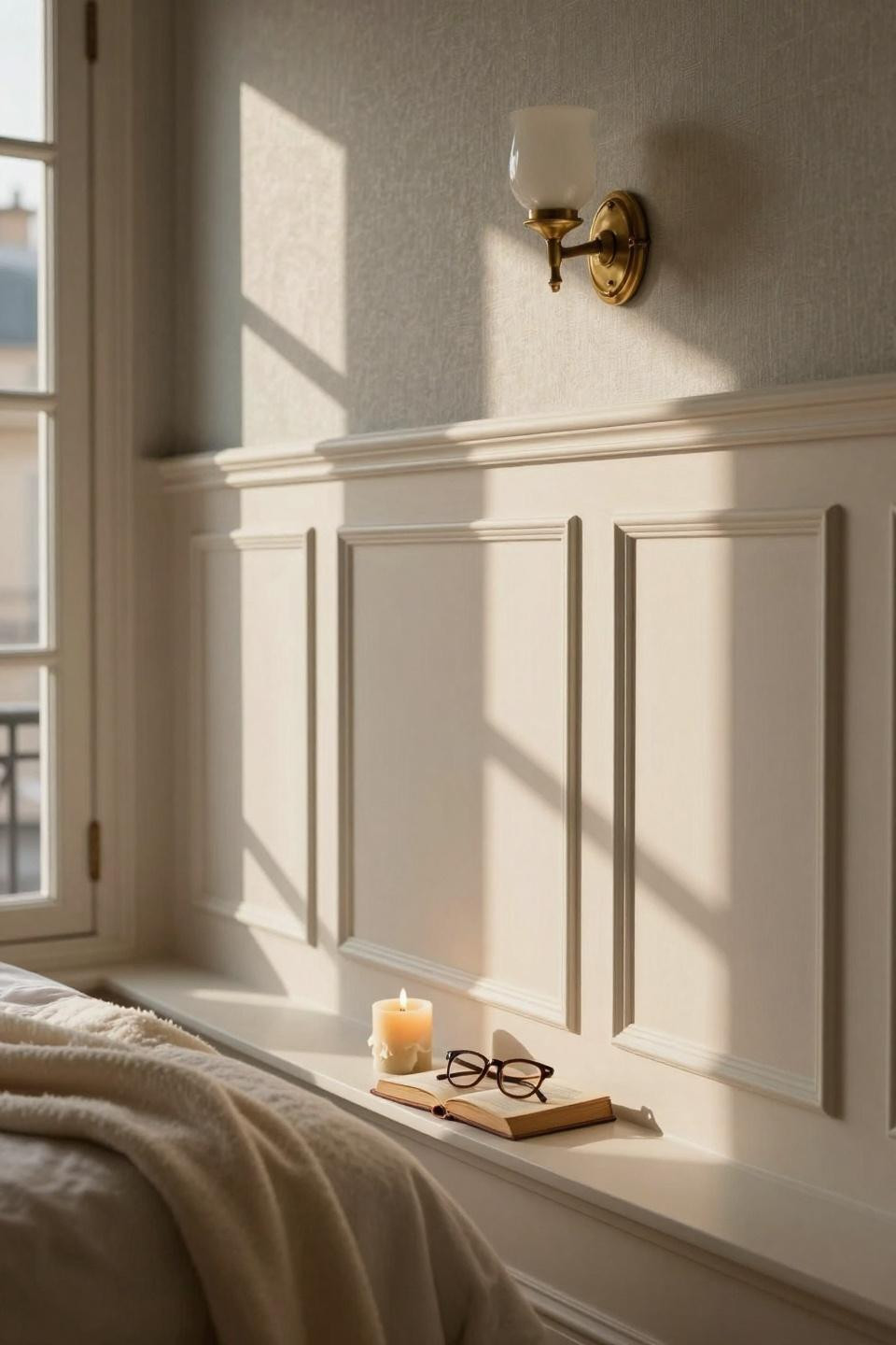 Wainscoting bedroom with white panels and textured wallpaper