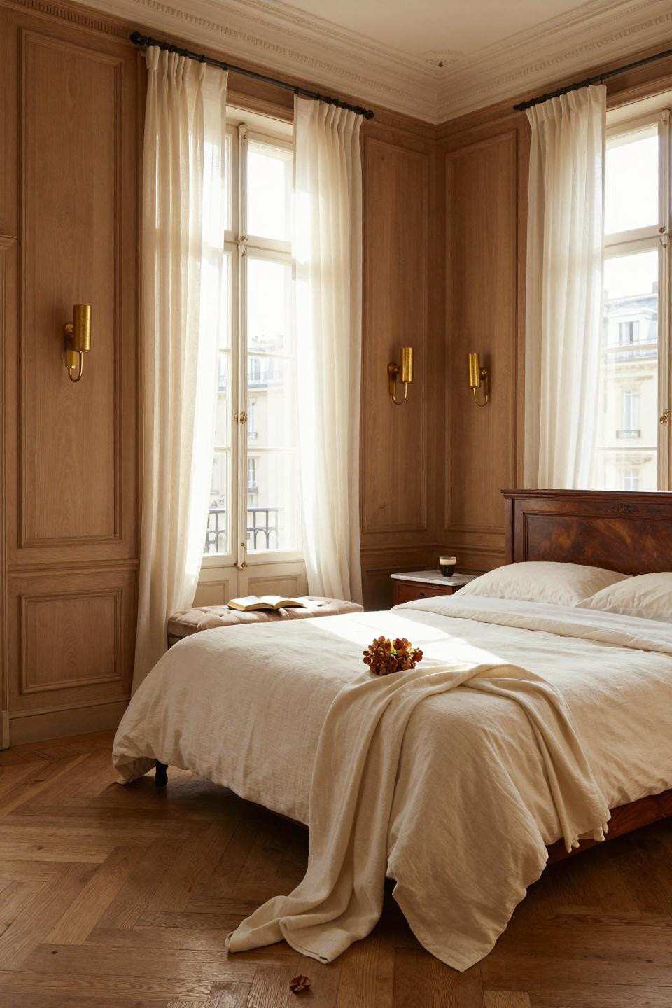 Wainscoting bedroom with ivory panels and walnut furniture